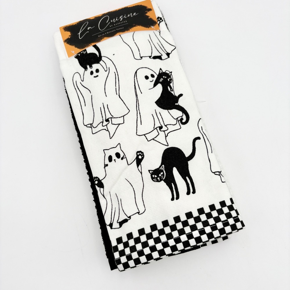 La Cuisine Halloween Kitchen Towels‎ Set 4 Black Cats Ghosts Checkerboard